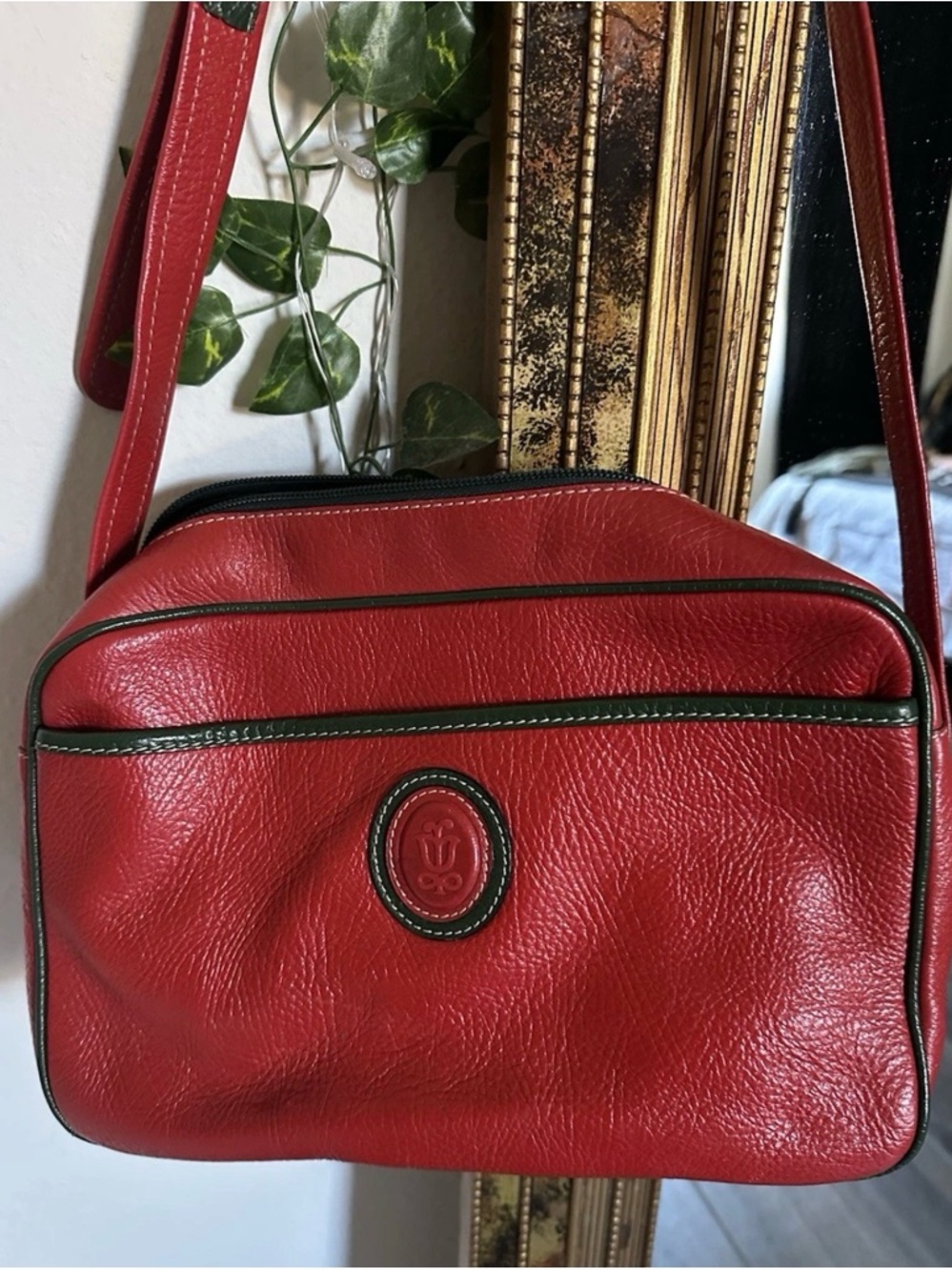 Lladro Red Leather Shoulder Bag with Dark Green Trim